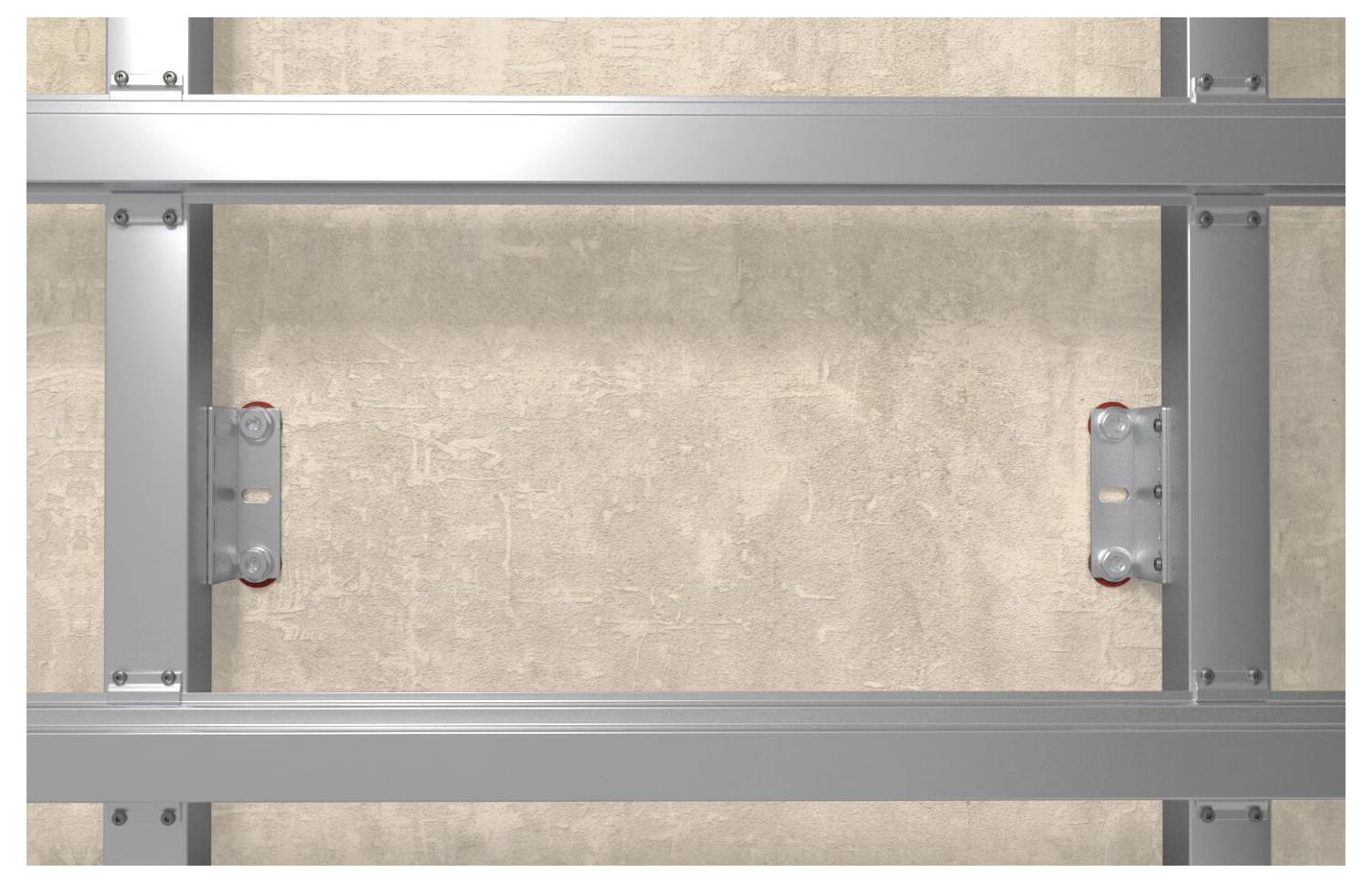 Metallrahmen vor einer strukturierten beigen Wand, die Entwurfselemente der Struktur und Befestigungsdetails zeigt.