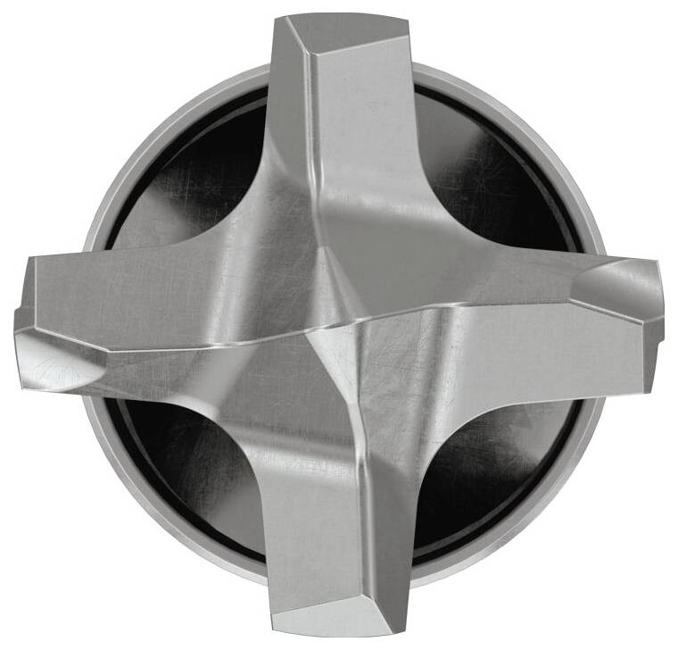 Draufsicht auf eine silberfarbene mechanische Komponente mit kreuzförmigem Design und dunkelkreisförmiger Basis, die industriellen Maschinenbauteilen ähnelt.