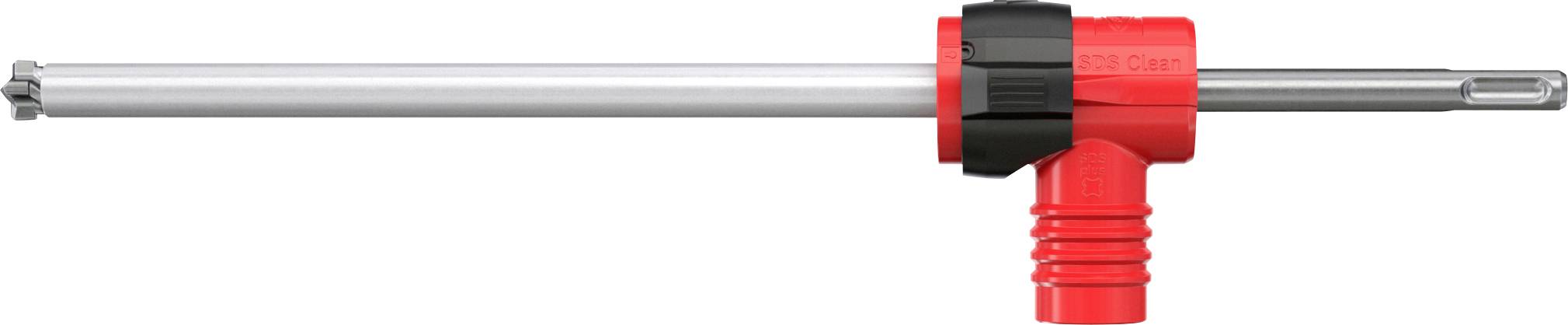 Ein Metallbohraufsatz mit rotem Kunststoffgriff, der für die SDS-Plus-Verwendung konzipiert ist, horizontal auf weißem Hintergrund positioniert.