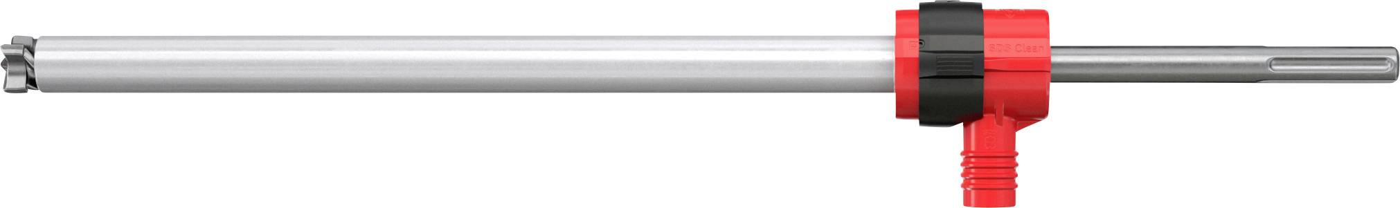 Ein silberner Metallstab mit einer roten verstellbaren Klemme und einem schwarzen Mittelband, horizontal auf weißem Hintergrund dargestellt.