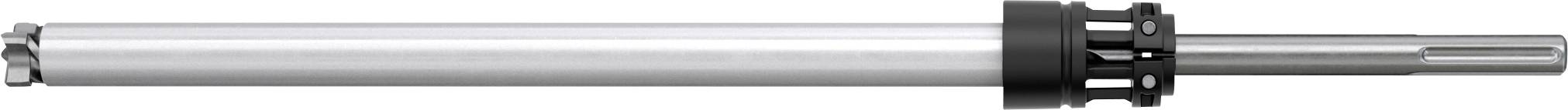 Nahaufnahme eines metallischen Hydraulikzylinders mit glänzendem, zylindrischem Gehäuse und schwarzer Befestigungsklammer an der Basis, verwendet in Maschinen.