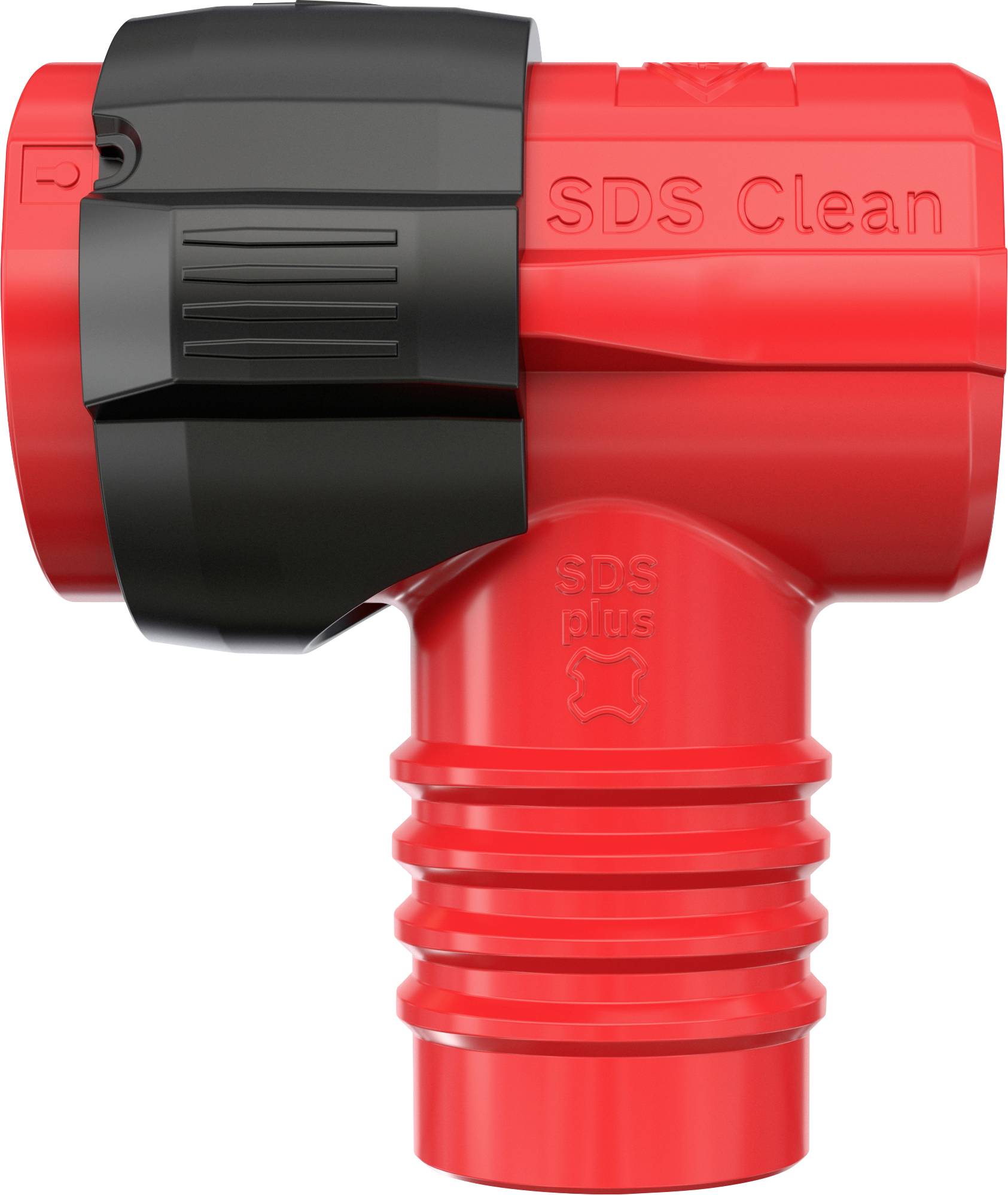 Rotes Kunststoff-SDS-Reinigungsrohrverbinder mit schwarzem Verriegelungsring und Gewindeverbinder, isoliert auf weißem Hintergrund dargestellt.