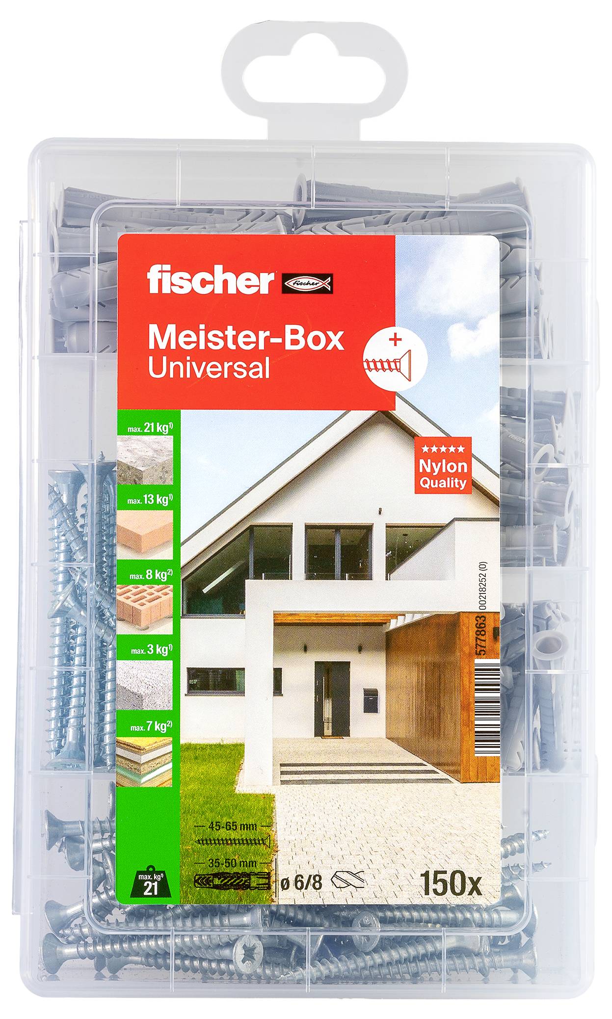 Kunststoffbox der fischer Meister-Box Universal Schrauben und Dübel, beschriftet mit „150x