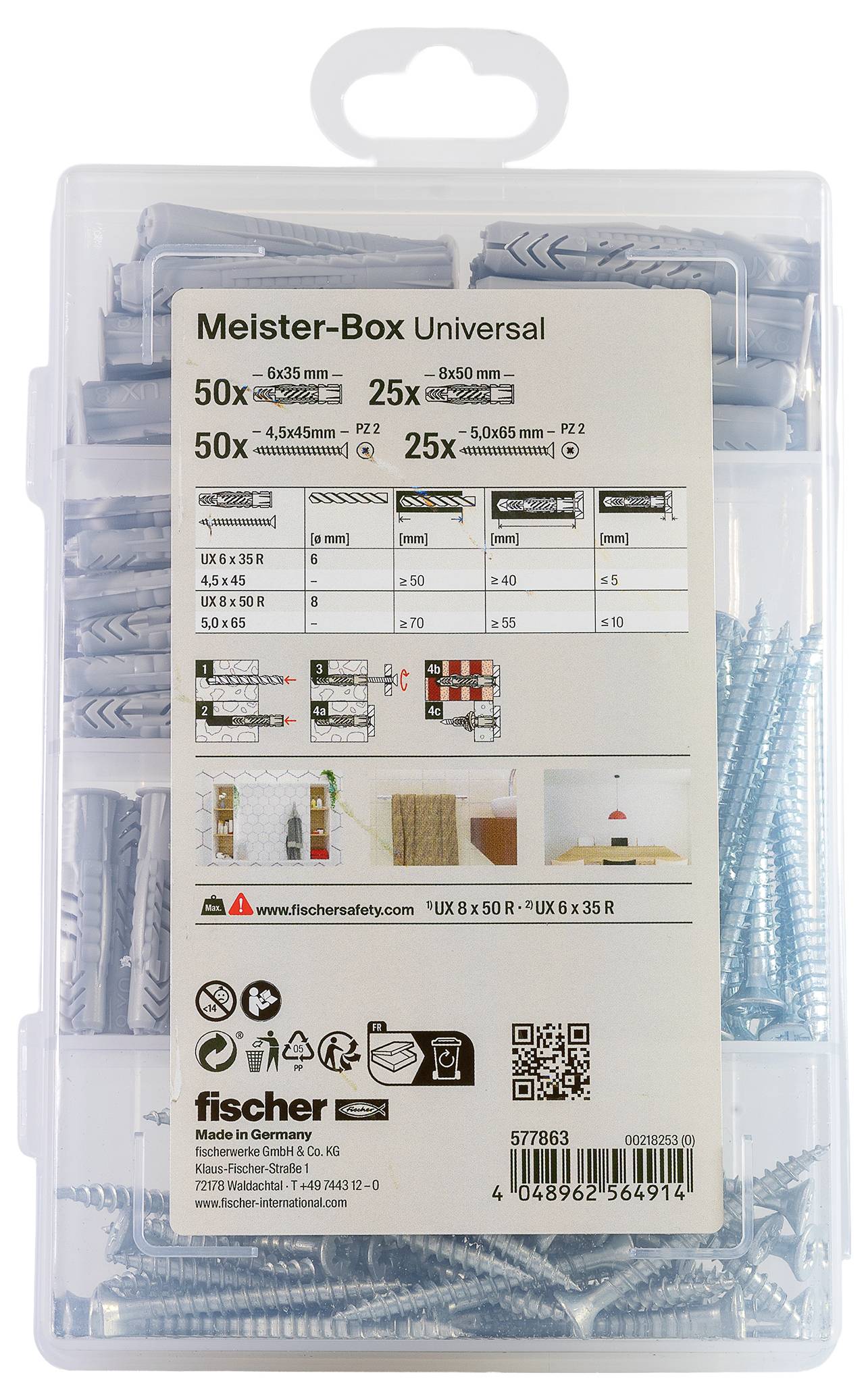 Klare Kunststoffbox mit Fischer Meister-Box Universal Dübeln und Schrauben, mit gekennzeichneten Sortimenten und Produktinformationen auf der Vorderseite