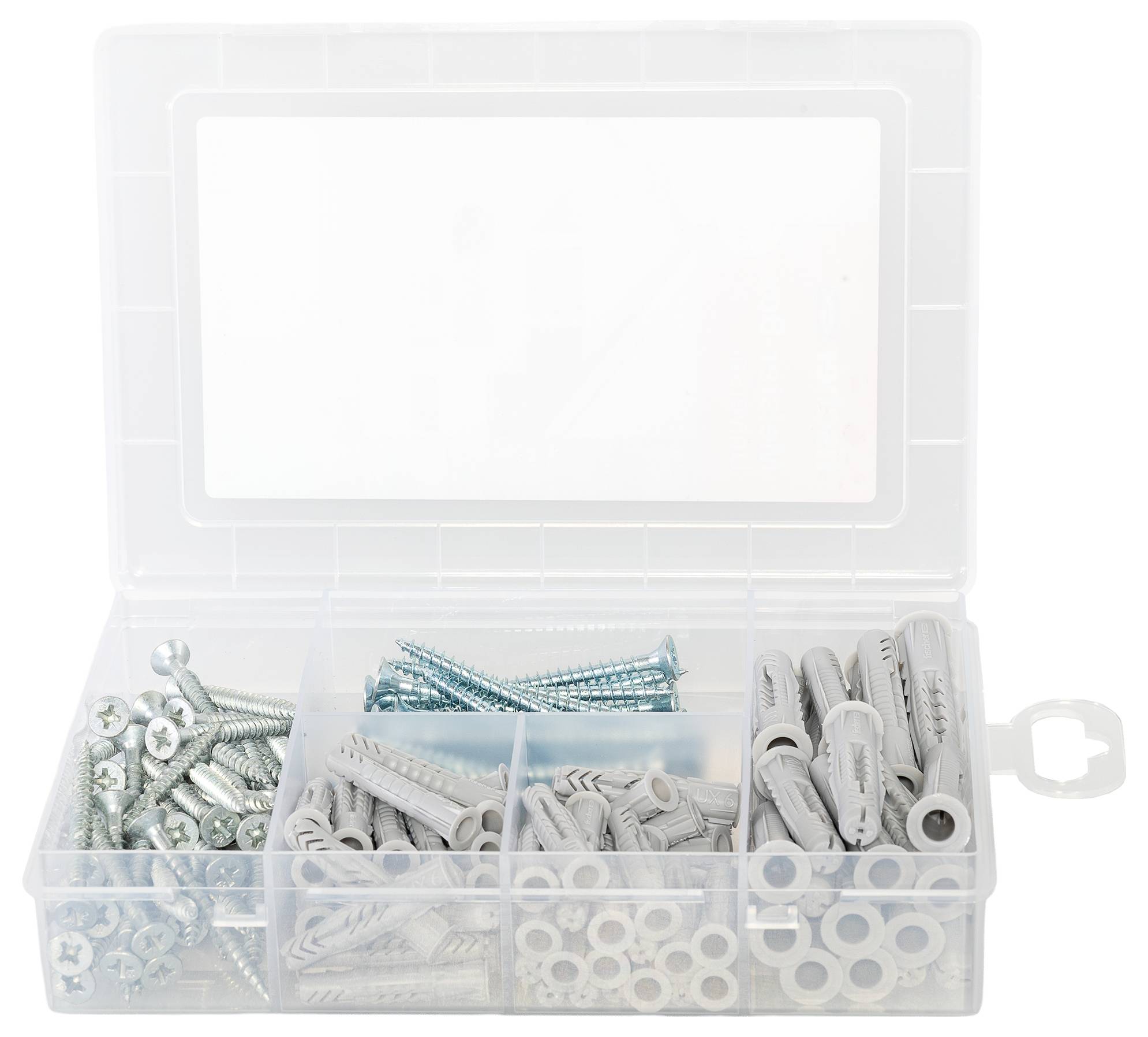 Eine offene Plastikbox mit sortierten Schrauben, Dübeln und Unterlegscheiben in getrennten Fächern.