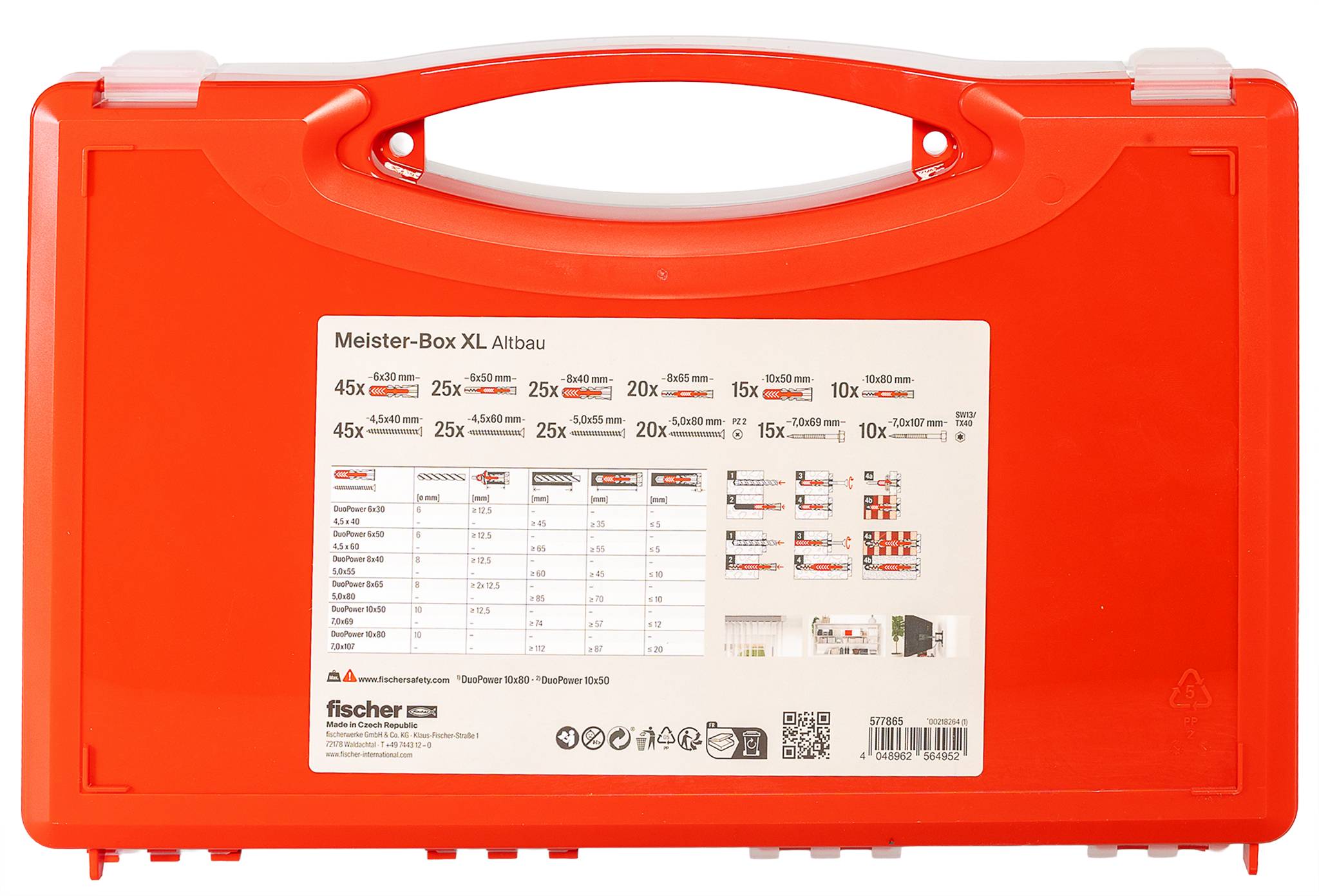 Roter Kunststoff-Transportkoffer für Fischer Meister-Box XL Dübel- und Schrauben-Sortiment mit Produktetikett auf der Vorderseite.