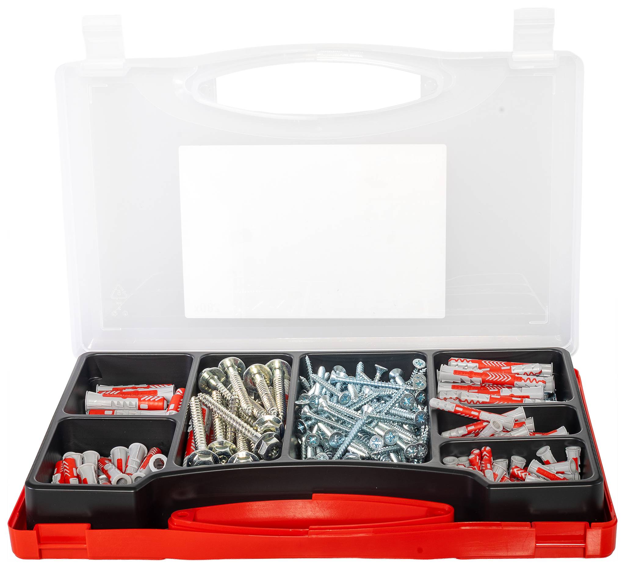 Sortierter Hardware-Satz in einem Kunststoff-Organizer-Koffer mit Fächern für Schrauben, Dübel und Wandstecker.
