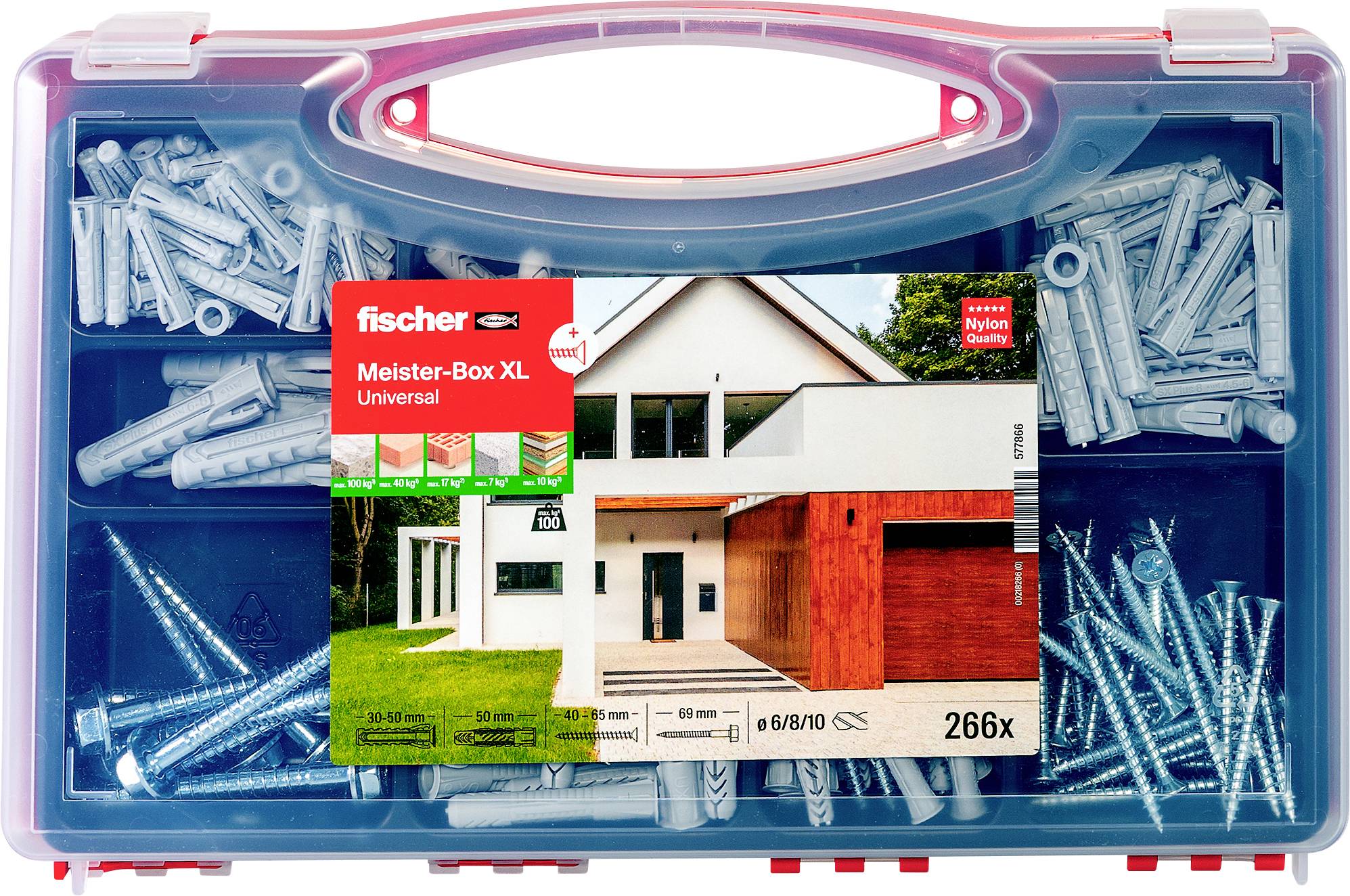 'Fischer Meister-Box XL Universal' mit 266 Dübeln und Schrauben, geeignet für verschiedene Wandtypen, abgebildet mit Verpackung.