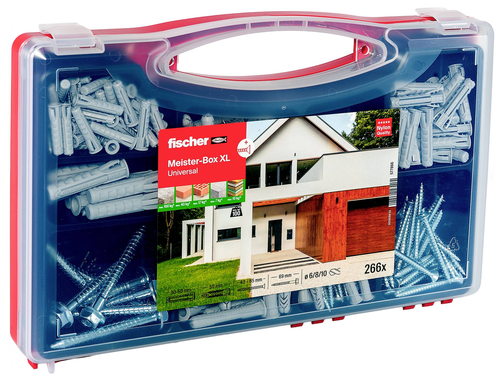 Eine Kunststoff-Werkzeugbox mit der Aufschrift 'Meister-Box XL Universal' enthält verschiedene Schrauben und Dübel. Die Box zeigt ein Bild eines modernen Hauses.