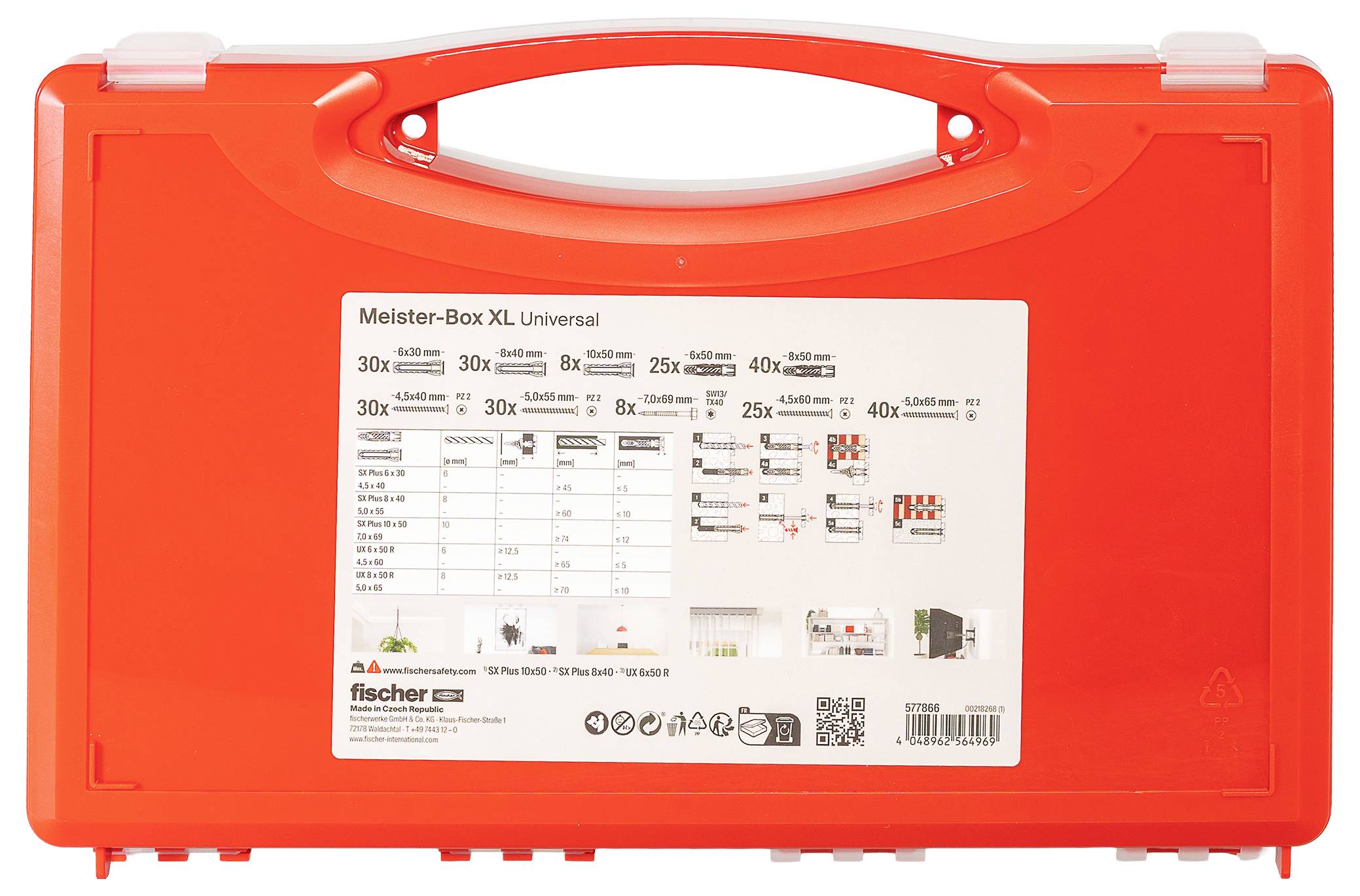 Eine orangefarbene Fischer Meister-Box XL Universal-Kiste mit Griff, die Schrauben und Dübel enthält. Ein Diagramm auf der Box liefert Details zu Inhalt und Anweisungen.
