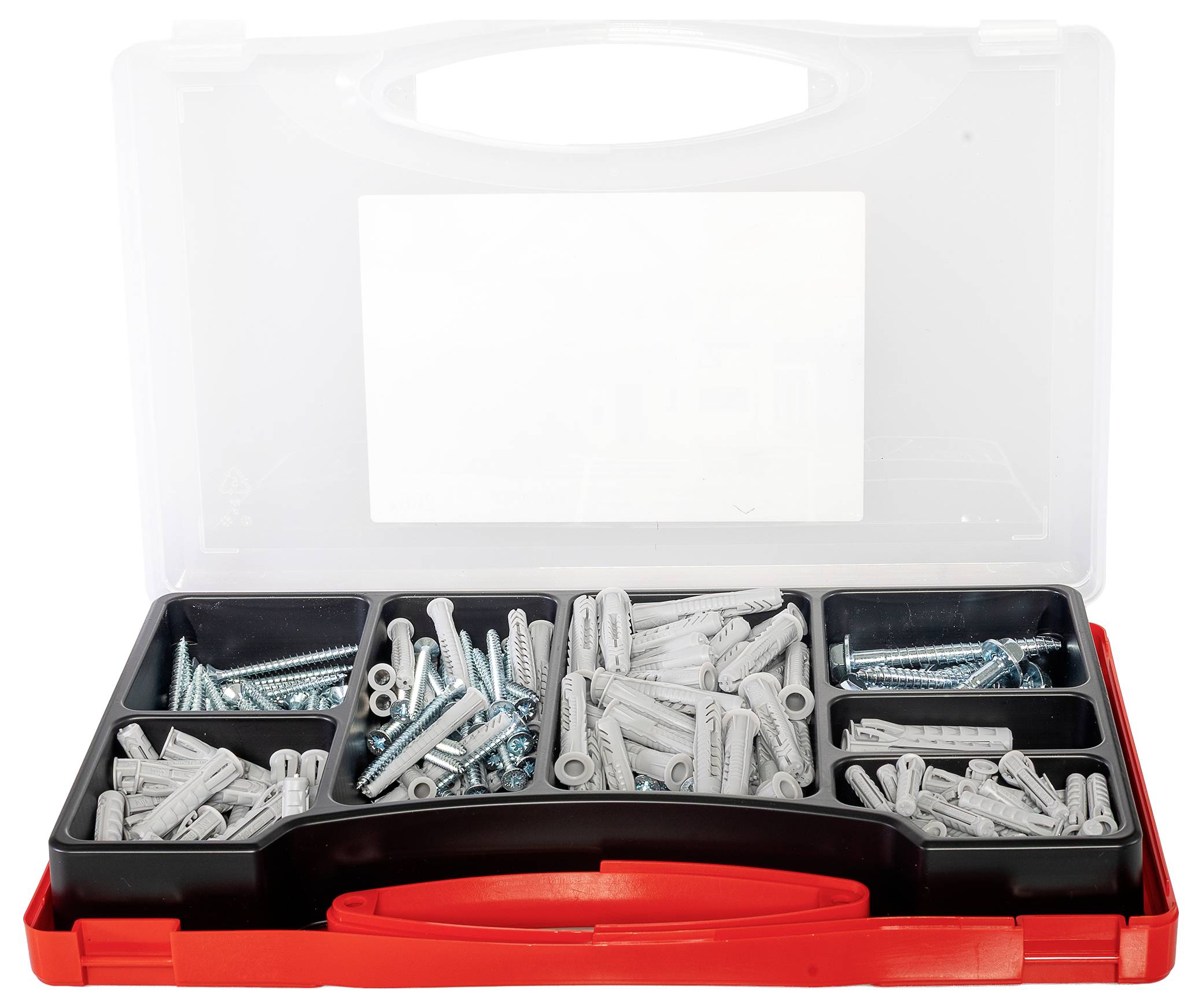 Eine Kunststoff-Organisationsbox, die verschiedene Größen von Schrauben und Dübeln in unterschiedliche Fächer sortiert enthält.