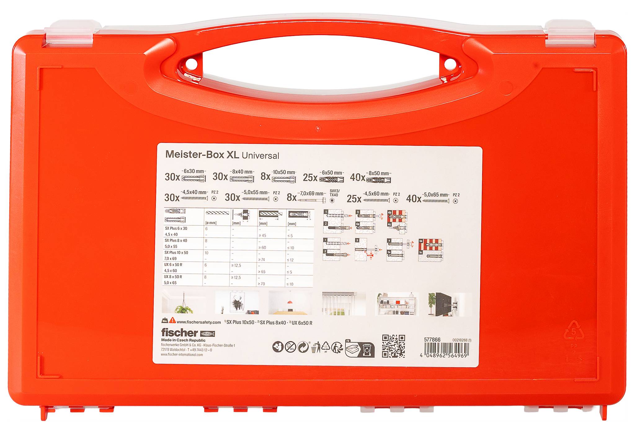 Orange Fischer Meister-Box XL Universal-Kunststoffaufbewahrungsbox mit einer beschrifteten Produkttabelle auf der Vorderseite