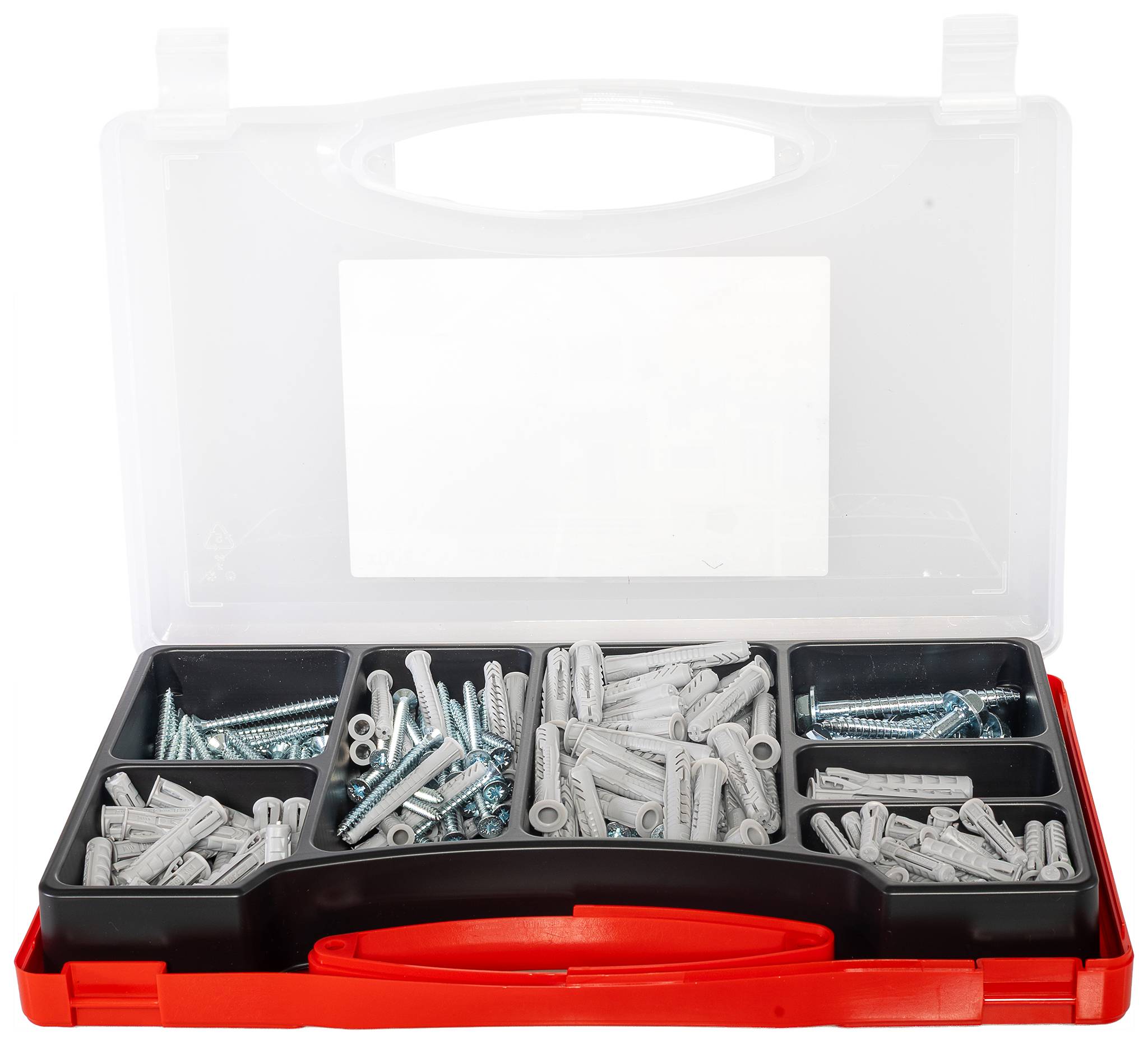 Offene Kunststoff-Organizer-Box mit sortierten Schrauben, Wandankern, Unterlegscheiben und Befestigungselementen in Fächern.