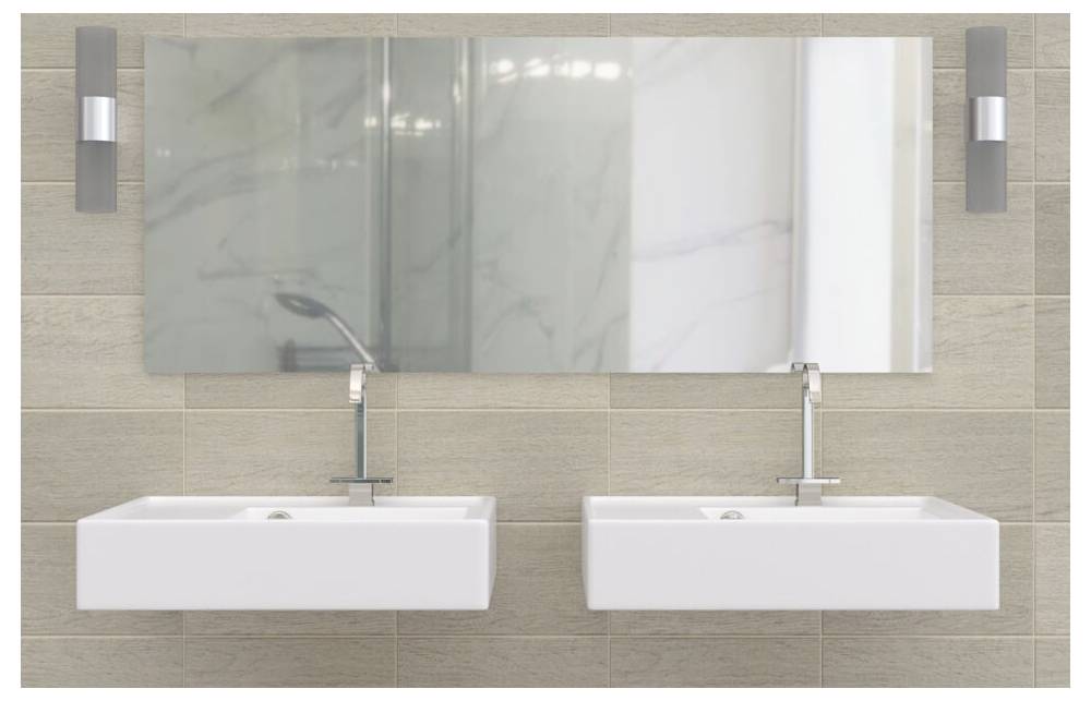 Ein Badezimmer mit zwei weißen rechteckigen Waschbecken und modernen Armaturen unter einem großen Spiegel, gekachelter Rückwand und wandmontierten Leuchten auf beiden Seiten.