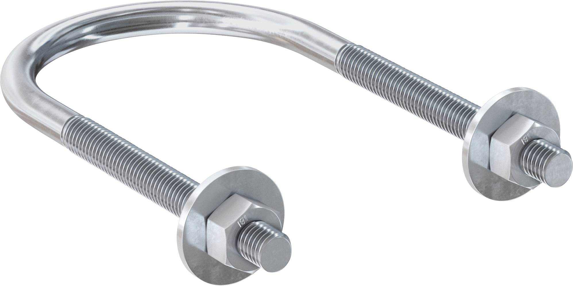 Ein U-Bolzen mit zwei Gewindearmen und Muttern, der zum Befestigen von Rohren oder Schläuchen verwendet wird. Aus glänzendem Metall gefertigt, hat er eine glatte, polierte Oberfläche.