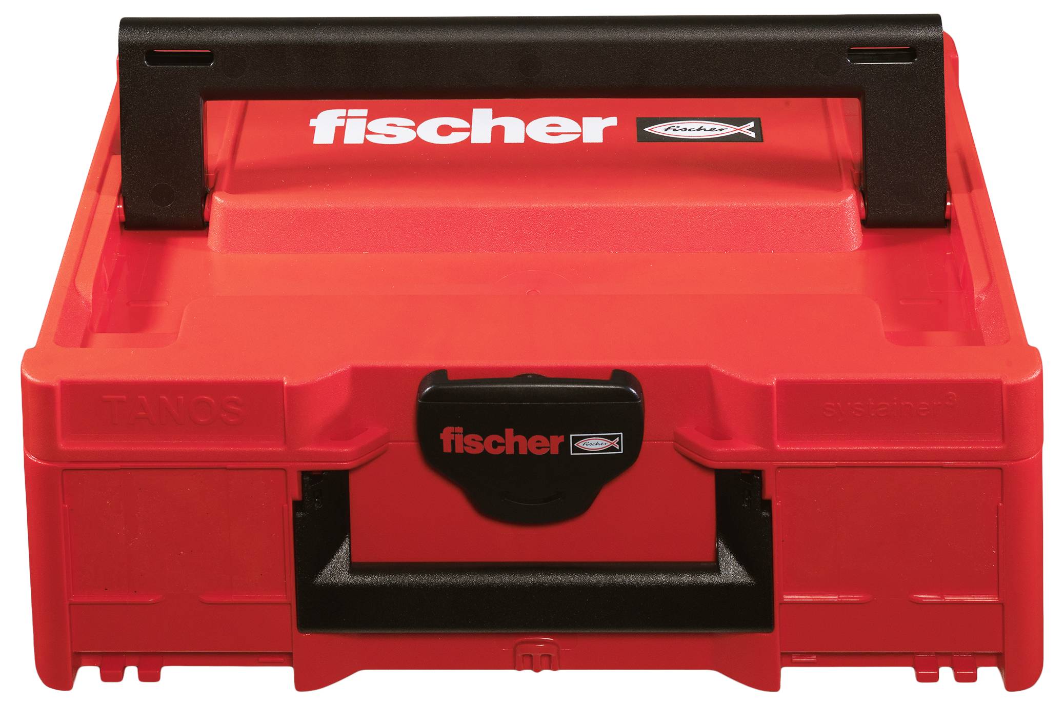 Roter Fischer-Werkzeugkasten mit schwarzem Griff und Verschluss, geschlossen auf weißem Hintergrund dargestellt.