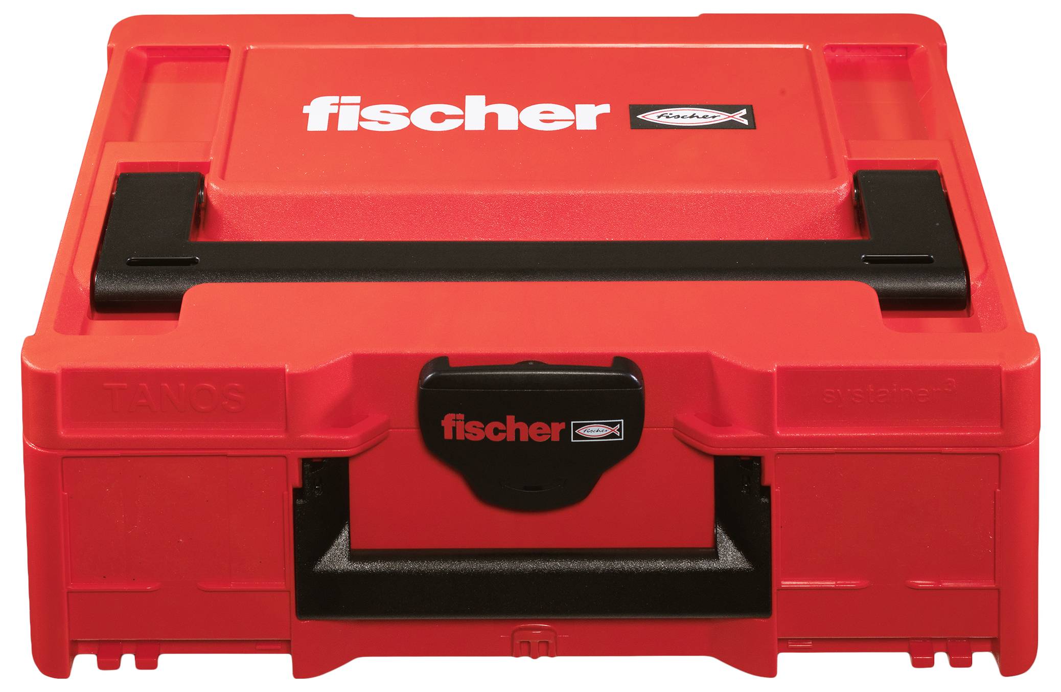 Roter Fischer-Werkzeugkasten mit schwarzem Griff und Verschluss, beschriftet mit „fischer