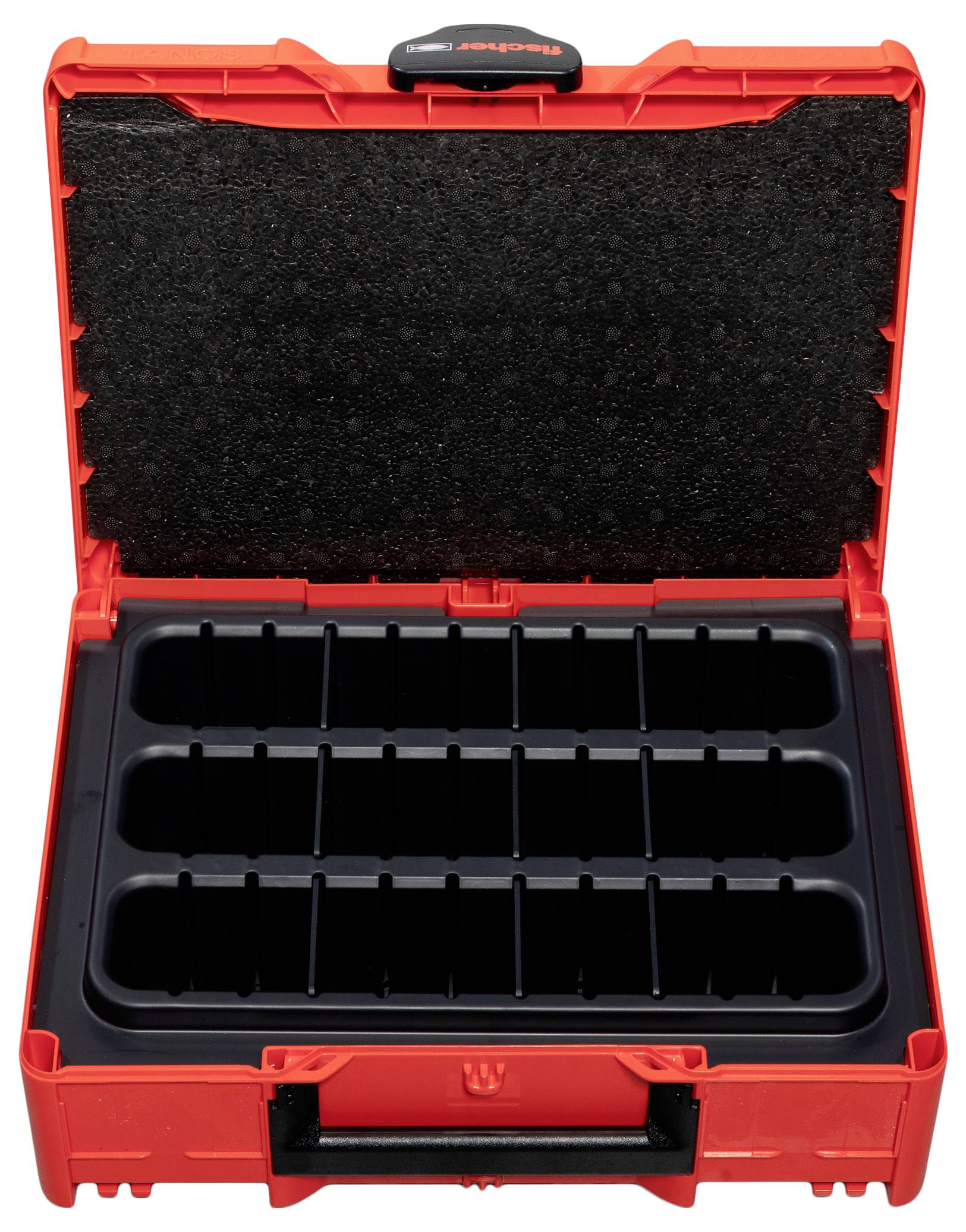 Offener roter hartschalenkoffer mit schwarzem Schaumstoffdeckel und dreigewindigem schwarzem Organizer-tablett innen.