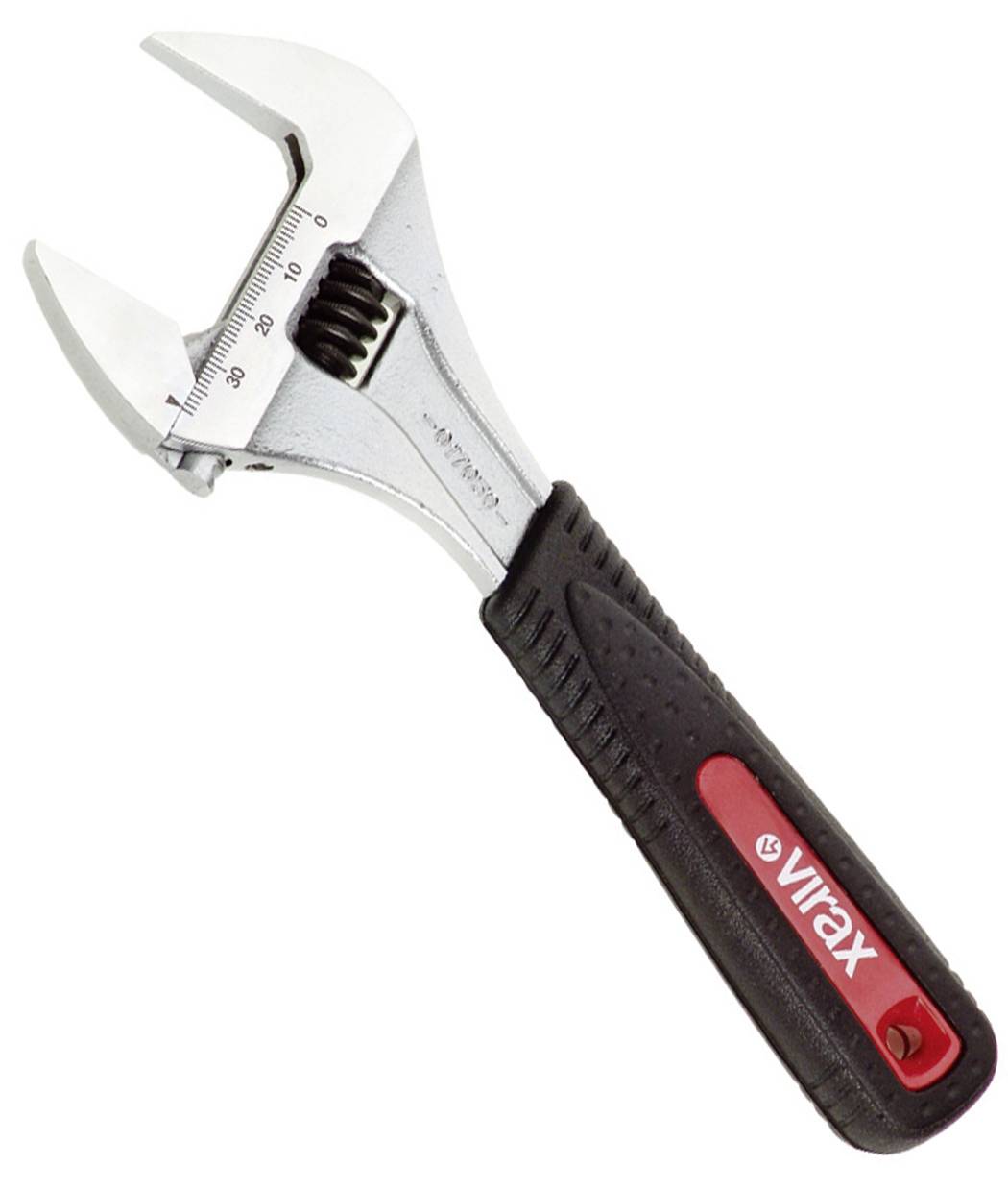 Verstellbarer Schraubenschlüssel mit schwarz-rotem Griff auf weißem Hintergrund, Backen offen und Messskala sichtbar.