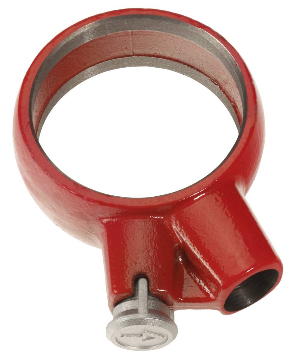 Rote Metallrohrschelle mit Schraubverschluss und Seitenauslass, auf weißem Hintergrund abgebildet.