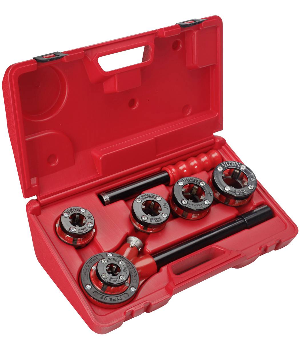 Roter Koffer mit einem Gewindeschneid-Ratschensatz mit mehreren runden Schneidkluppen und schwarzen Griffen