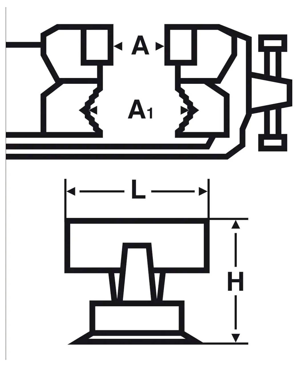 Technisches Querschnittsdiagramm eines eingespannten Teils mit Breite A, innerem Abschnitt A1 und den Abmessungen L und H.
