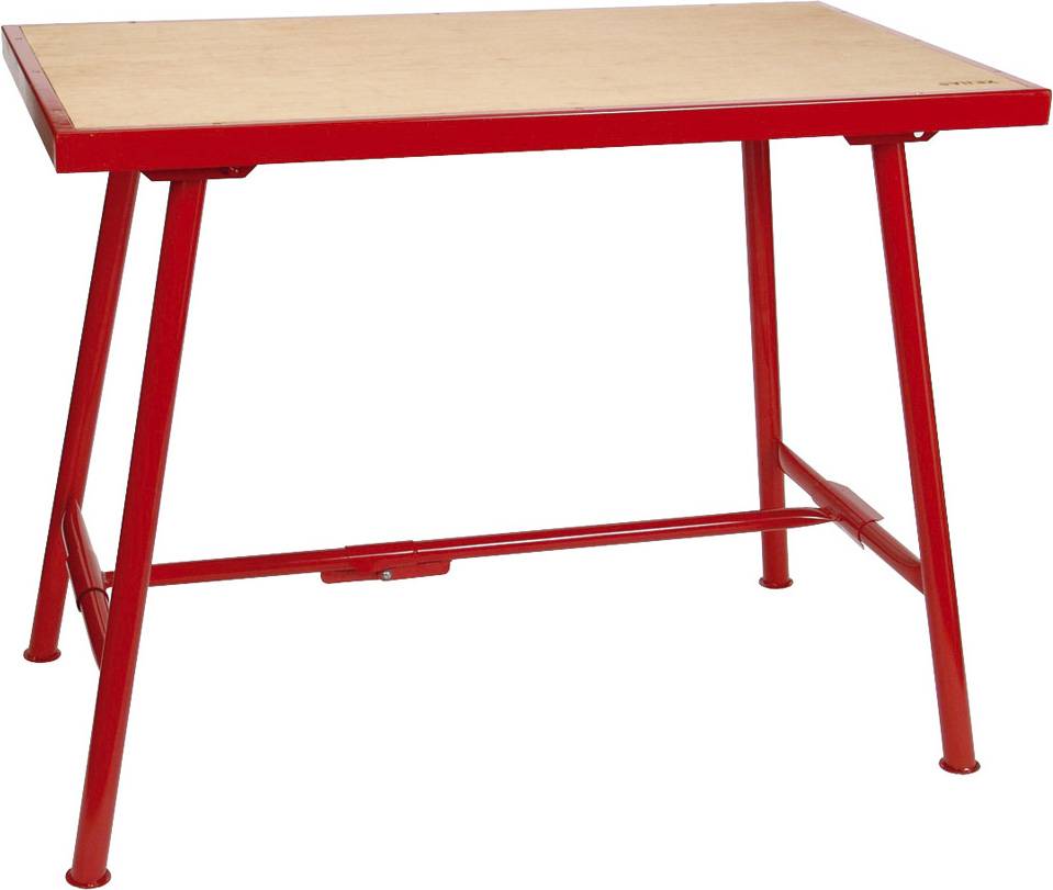 Roter Metalltisch mit einer hellholzfarbigen Arbeitsplatte und angewinkelten Beinen, gezeigt auf einem schlichten weißen Hintergrund.