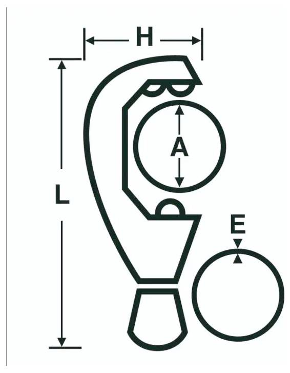Diagramm eines klammerartigen Werkzeugs mit gekennzeichneten Abmessungen H, L, A und E rund um das Teil und ein kreisförmiges Werkstück
