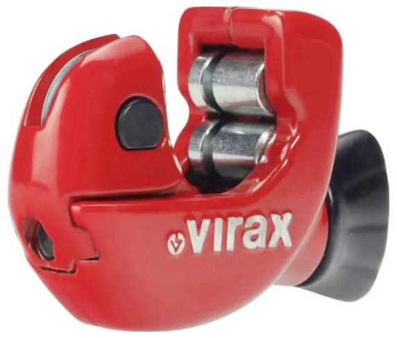 Roter Virax-Rohrabschneider mit schwarzem Verstellknopf und Schneidrädern, gezeigt auf weißem Hintergrund.