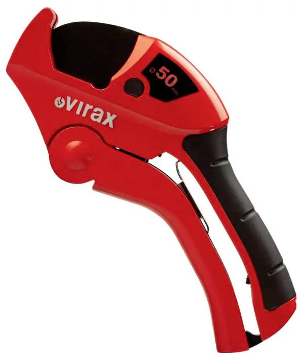 Roter Virax-Rohrabschneider mit schwarzem Griff, gekennzeichnet mit 50, auf weißem Hintergrund abgebildet.