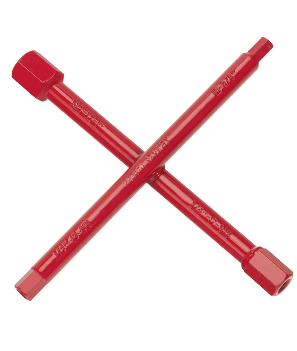 Zwei rote Metallschlüssel mit Ösen gekreuzt in einem X auf weißem Hintergrund.