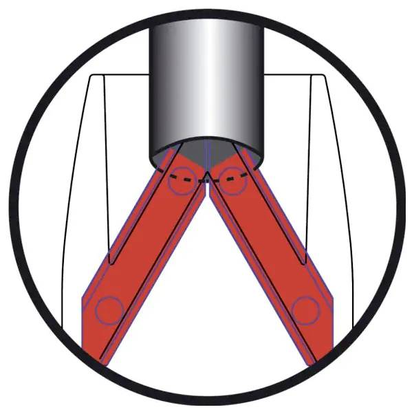 Diagramm eines mechanischen Gelenks mit zwei roten Scharniergelenken, die sich unter einem grauen Zylinder in einem kreisförmigen Rahmen treffen.