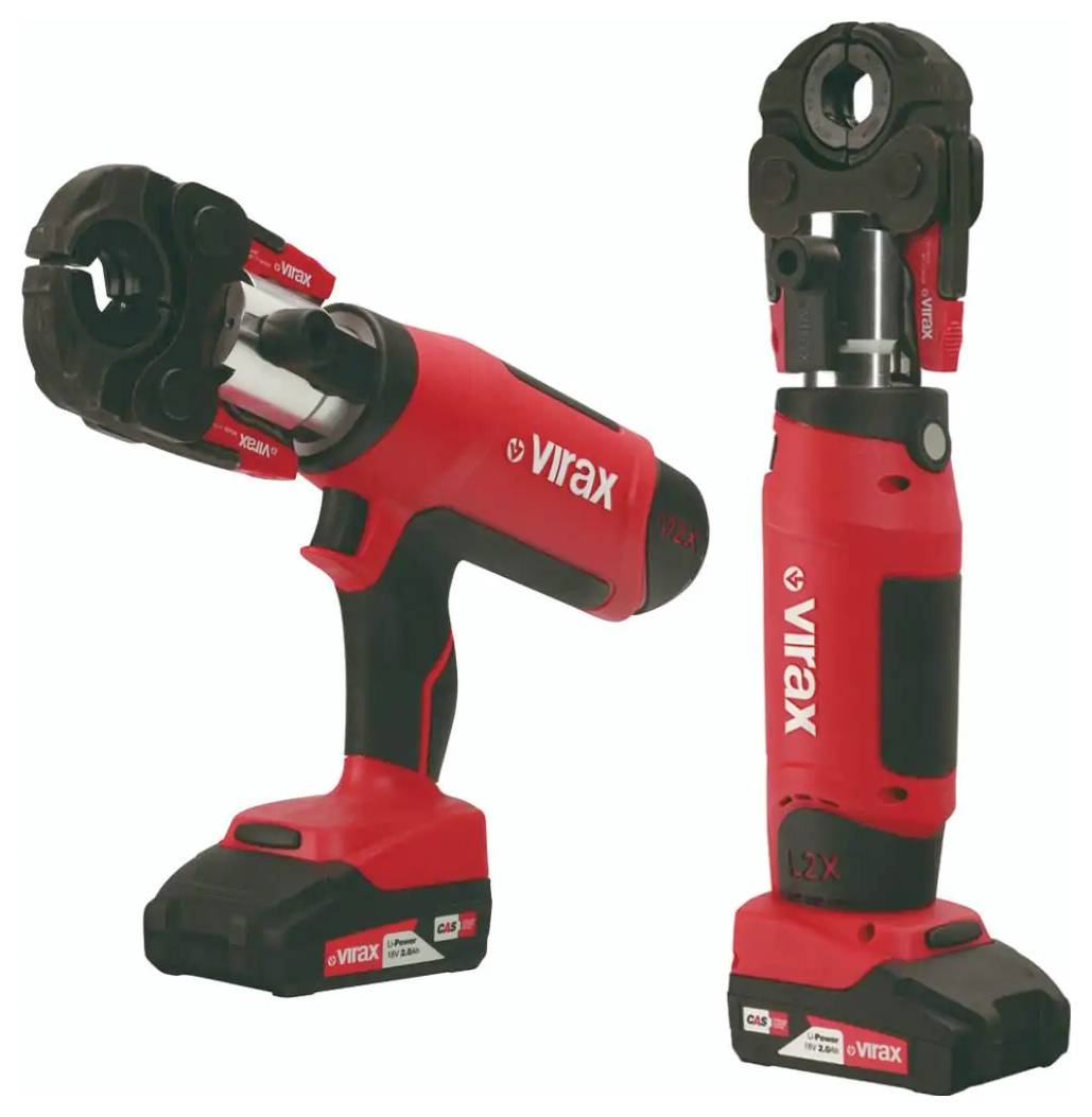 Zwei Ansichten eines rot-schwarzen Virax-Akku-Hydraulik-Presswerkzeugs mit Batteriehalter und Presskopf auf weißem Hintergrund.
