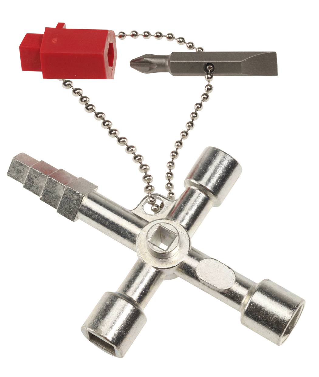 X-förmiger Metall-Multitool-Schlüsselanhänger mit vier Steckschlüssel-Enden und zwei Schraubendreher-Bits an einer Kugelkette.