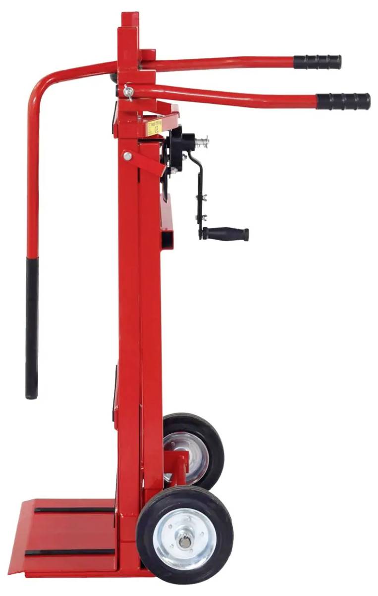 Rote manuelle Sackkarre mit zwei Rädern und einem Kurbel-Hubmechanismus auf weißem Hintergrund.