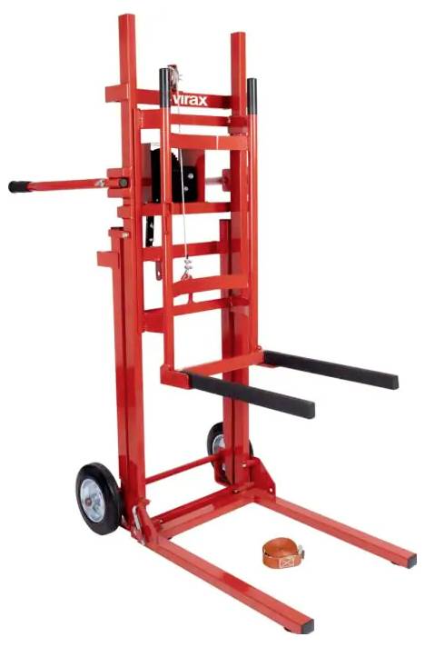 Rote Virax-Handstapler mit zwei Gabelarmen, Rädern und Kettenmechanismus zum Bewegen schwerer Lasten.