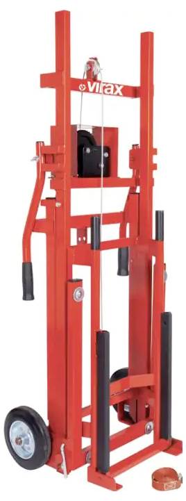 Rotes manuelles Hubwagen mit hohem Rahmen, Rädern und vorderen Stützen zum vertikalen Transport von schweren Gegenständen.