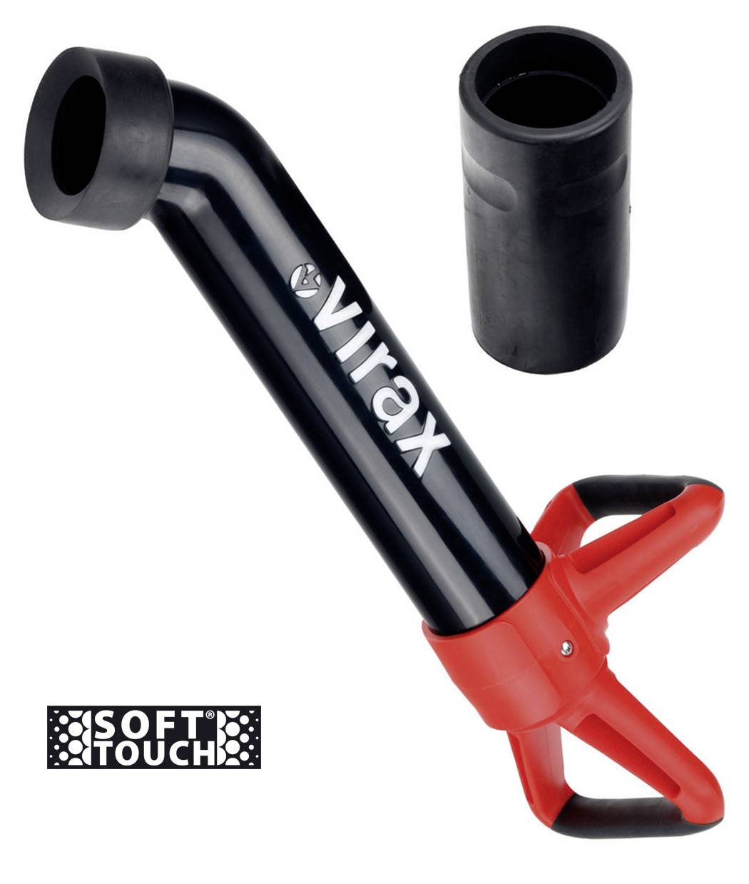 Schwarze Virax-Rohrzange mit rotem Soft-Grip-Griff und separater schwarzer Hülse, gezeigt mit der Kennzeichnung „SOFT TOUCH