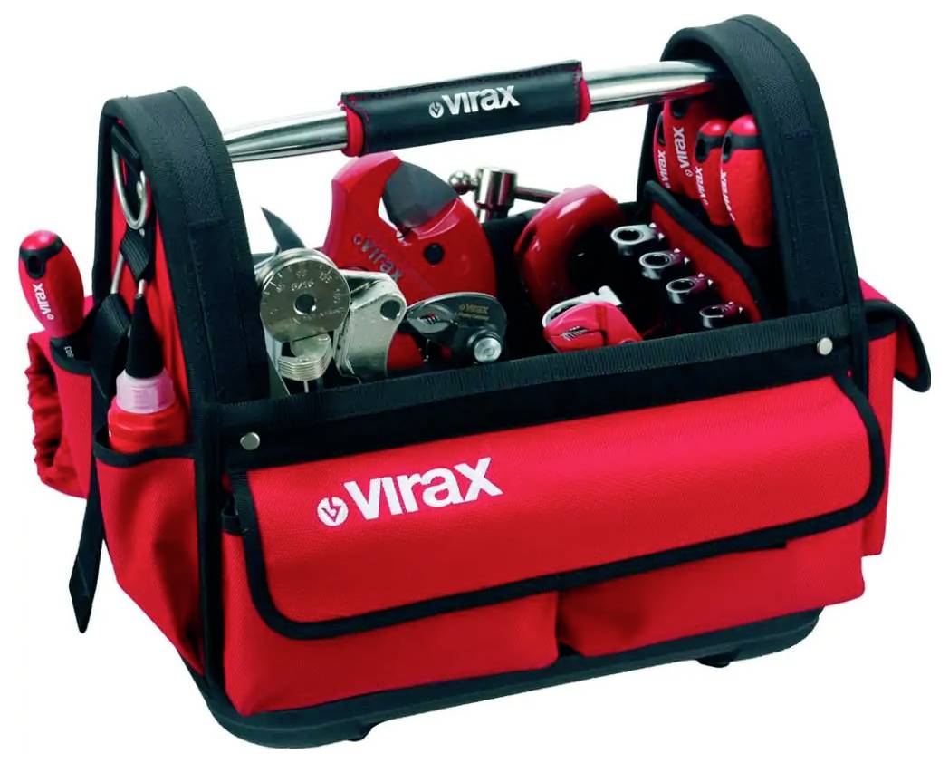 Rote Virax-Werkzeugtasche gefüllt mit Klempnerwerkzeugen und Handwerkzeugen, geöffnet auf weißem Hintergrund dargestellt.