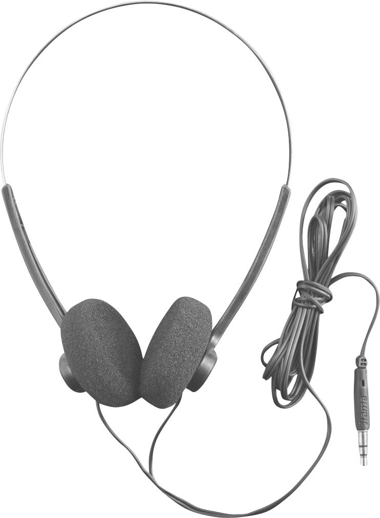 Über-Kopfhörer in Schwarz mit einem dünnen Kopfbügel und einem Kabel, das in einem 3,5-mm-Audioanschluss endet, geeignet zum Anhören von Audiogeräten.