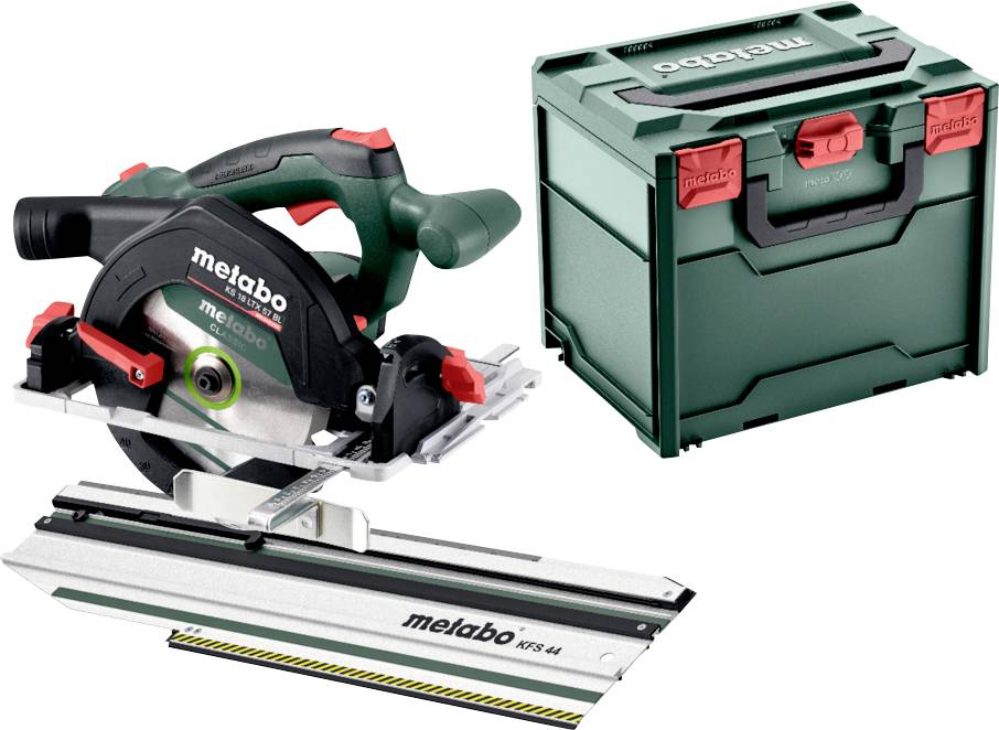 Eine grüne und schwarze Metabo Kreissäge mit einer Führungsschiene und einer grünen Aufbewahrungsbox.