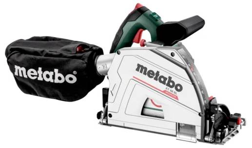 Metabo tragbare Handkreissäge mit Staubsack und Schutzvorrichtung, in Seitenansicht auf weißem Hintergrund dargestellt.