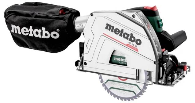 Metabo Akku-Kreissäge mit Staubsack, Seitenansicht auf weißem Hintergrund.