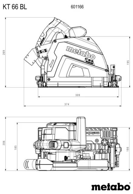 Technische Strichzeichnung einer Metabo KT 66 BL Säge mit Seiten- und Draufsichten mit Maßangaben und Modellnummer 601166.