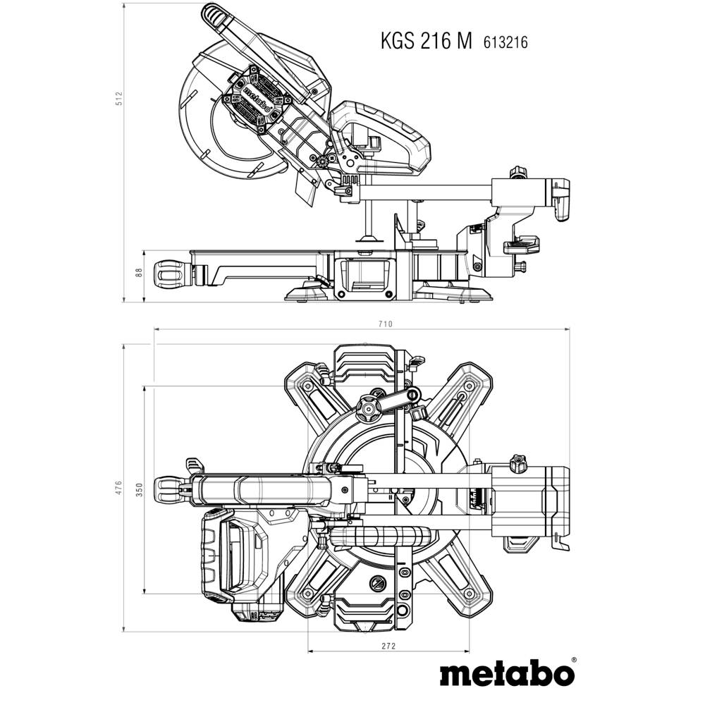 Technische Zeichnung der 'metabo KGS 216 M' Kapp-Zugsäge, mit Seiten- und Draufsicht, inklusive Maßangaben und Artikelnummer '613216'.