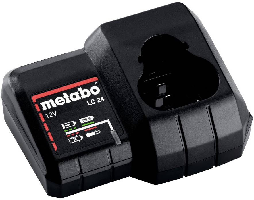 Ladegerät für Metabo-Werkzeuge, Modell LC 24, 12V. Ausgestattet mit LED-Anzeigen für den Ladestatus und einem Einschub für den Akku.