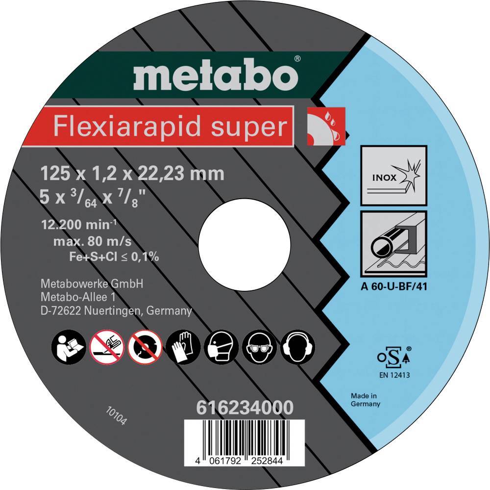 'Metabo Flexiarapid Super' Trennscheibe: 125 x 1,2 x 22,23 mm, max. 12.200 U/min, 80 m/s Geschwindigkeit. Geeignet für Edelstahl.