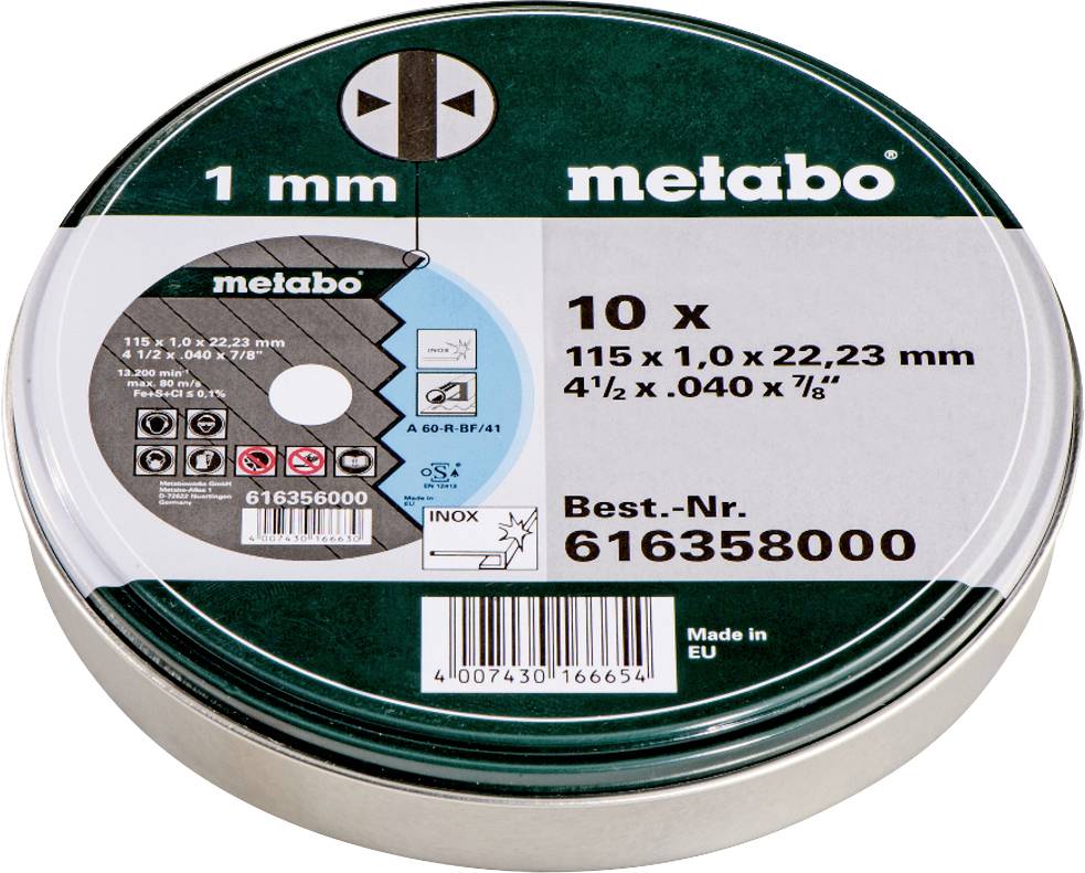 Metabo-Packung mit 10 Trennscheiben, 115 x 1,0 x 22,23 mm, gekennzeichnet mit 'Best.-Nr. 616358000', mit MAX-Drehzahlangabe.