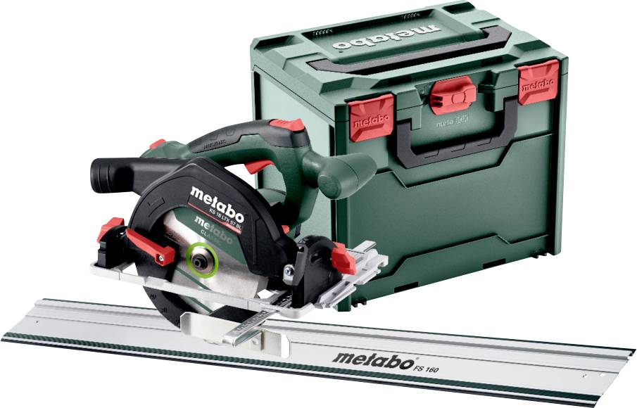 Akku-Kreissäge von Metabo mit einer Führungsschiene und einem grünen Kunststoff-Transportkoffer, konzipiert für präzise Schnitte in der Holzbearbeitung.