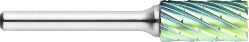 Eine silberne Metallrotorfeile mit einem verdrehten, grünlich schimmernden Schneidkopf, die zum Formen und Glätten von Oberflächen in der Metallbearbeitung verwendet wird.